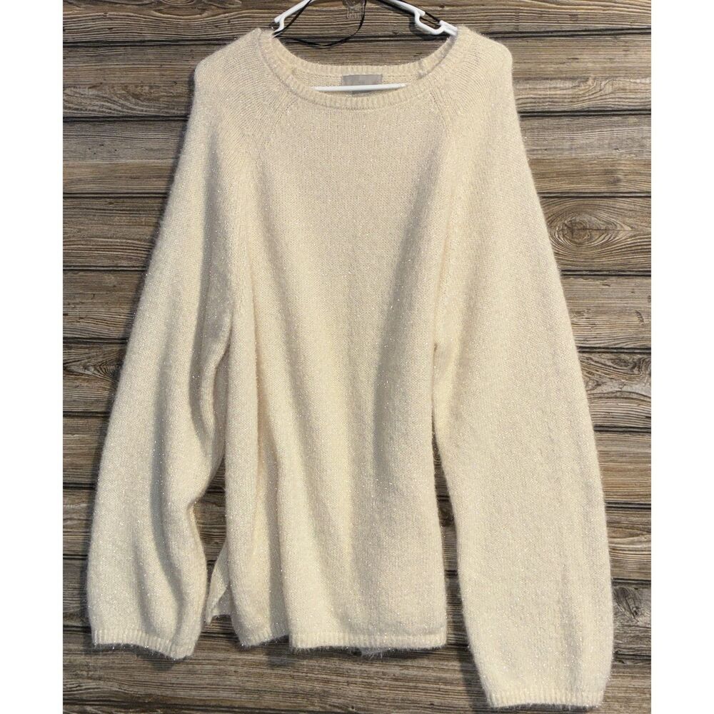 H&M Cream Shimmer Oversized Fuzzy Knit Crewneck Sweater M